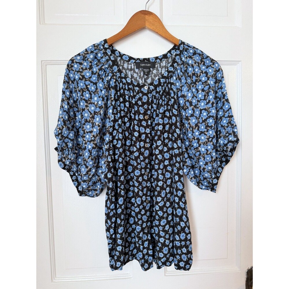 Karen Kane XL Blue Floral Print Black Tunic Blouse Puff Sleeve Boho Cottagecore